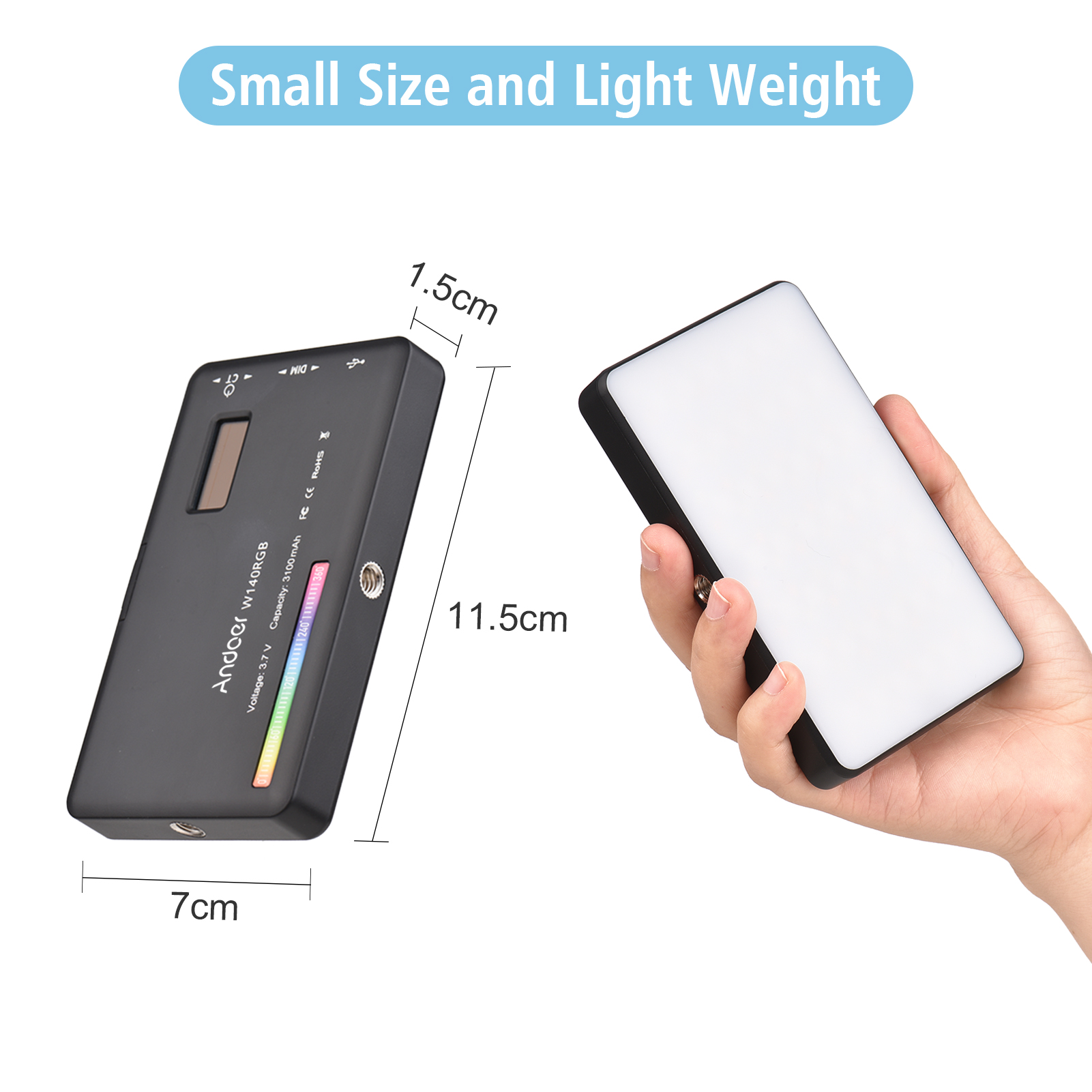 Andoer W140 RGB LED lumière vidéo Rechargeable photographie lumière de remplissage CRI95 + 2500K-9000K réglable avec écran LCD pour Vlog