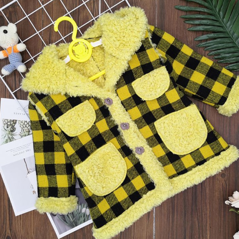 Ragazze di Modo Del plaid Cappotto di Lana di Agnello con Cappuccio Giacca: Giallo / 5