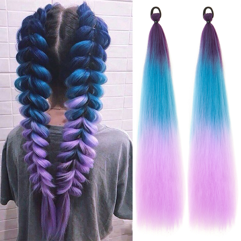 2 uds 24 pulgadas cola de caballo recta larga sintética con pelo elástico pelo trenzado colorido extensiones de cabello de cola de caballo accesorios para el cabello
