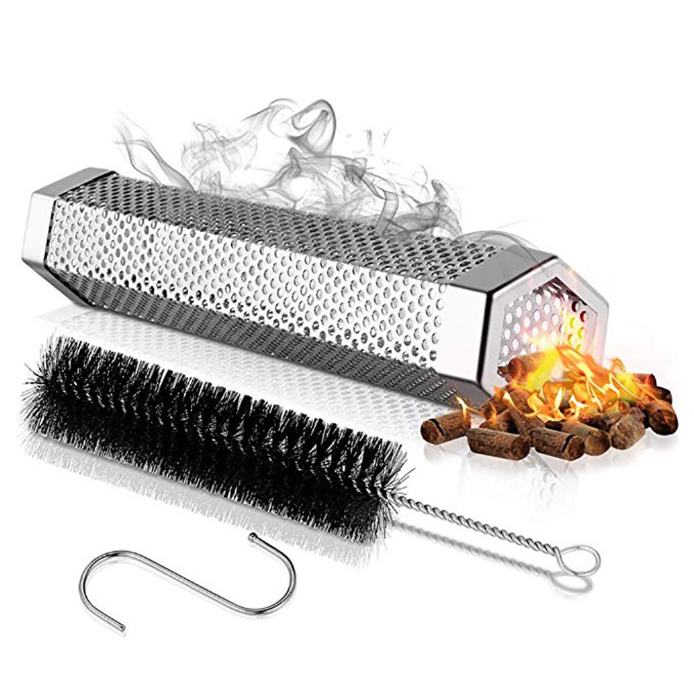 1x hexagon/firkantet bbq rustfrit stål perforeret mesh ryger pille rør rør udendørs madlavning grill grill røg filter
