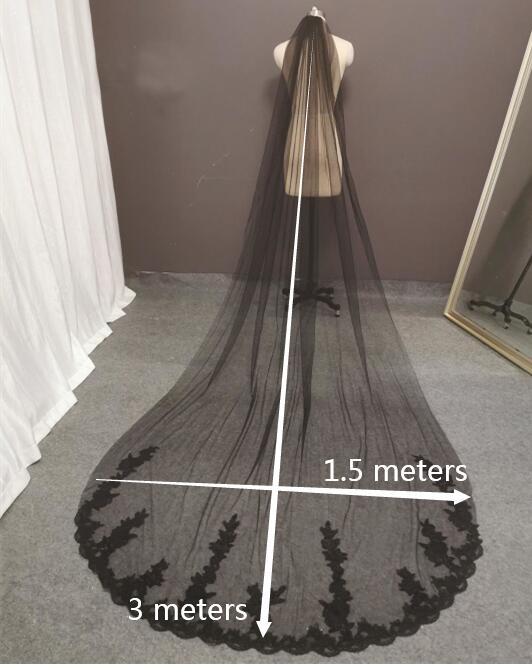 Long Black Lace Wedding Veil with Comb 3 Meters One Layer Black Bridal Veil Bride Headpiece Wedding Accessories