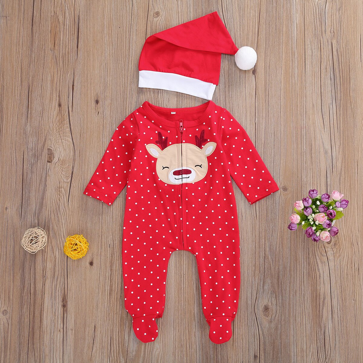 Kerst Baby Romper Jongens Meisjes Lange Mouw Jumpsuit Elanden Herten Patroon Fawn Stip Rits Een Stuk Jumpsuit Hoed 0-6M
