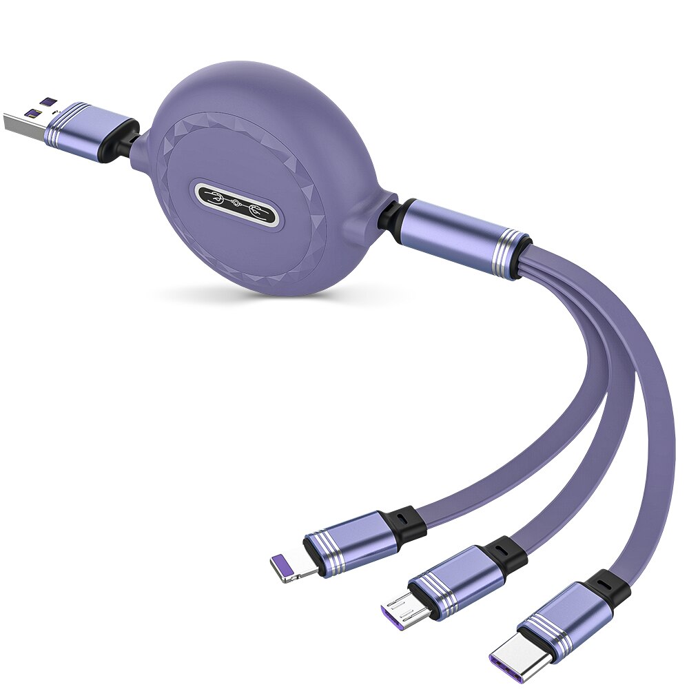 Voor Iphone 13 3in1 8 Pin Micro Usb Type C Kabel Voor Huawei Samsung Usb C Lader Kabel Intrekbare 120cm 3A Opladen Usb C Kabel: Paars