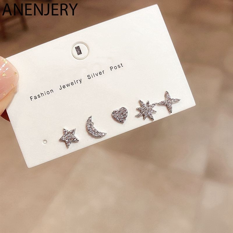 ANENJERY 925 argent Sterling 6 pièces boucles d'oreilles ensembles perle mosaïque Zircon avion étoile lune univers cerceau boucles d'oreilles ensembles pour les femmes