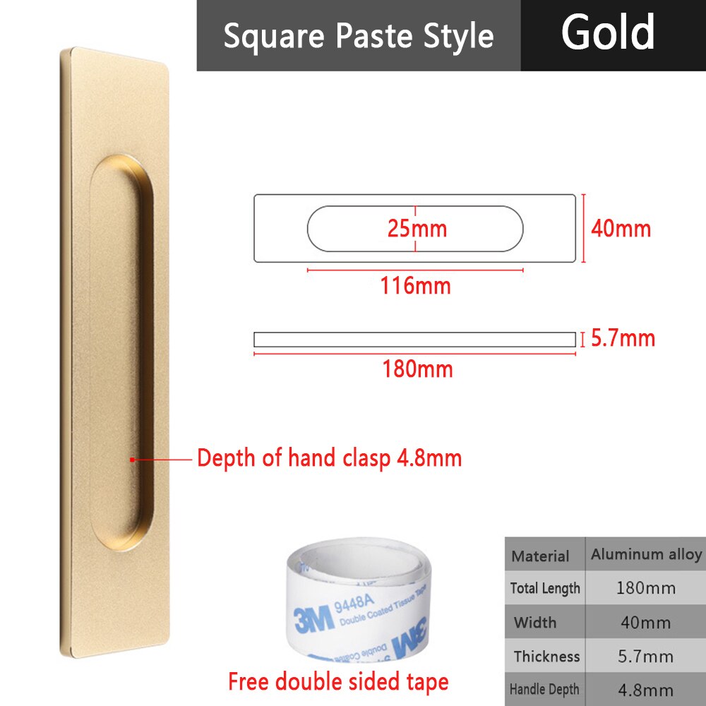 Onubao-manija de puerta corredera sin perforaciones, puerta de vidrio de almacén, manija deslizante de cocina, pasta adhesiva de doble cara: Gold-S-B