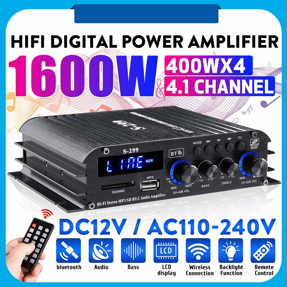 4*400w 4.1 -kanals mini hi-fi digital bluetooth trådløs effektforstærker bil hjemmelyd stereohøjttalere basforstærker usb/sd aux