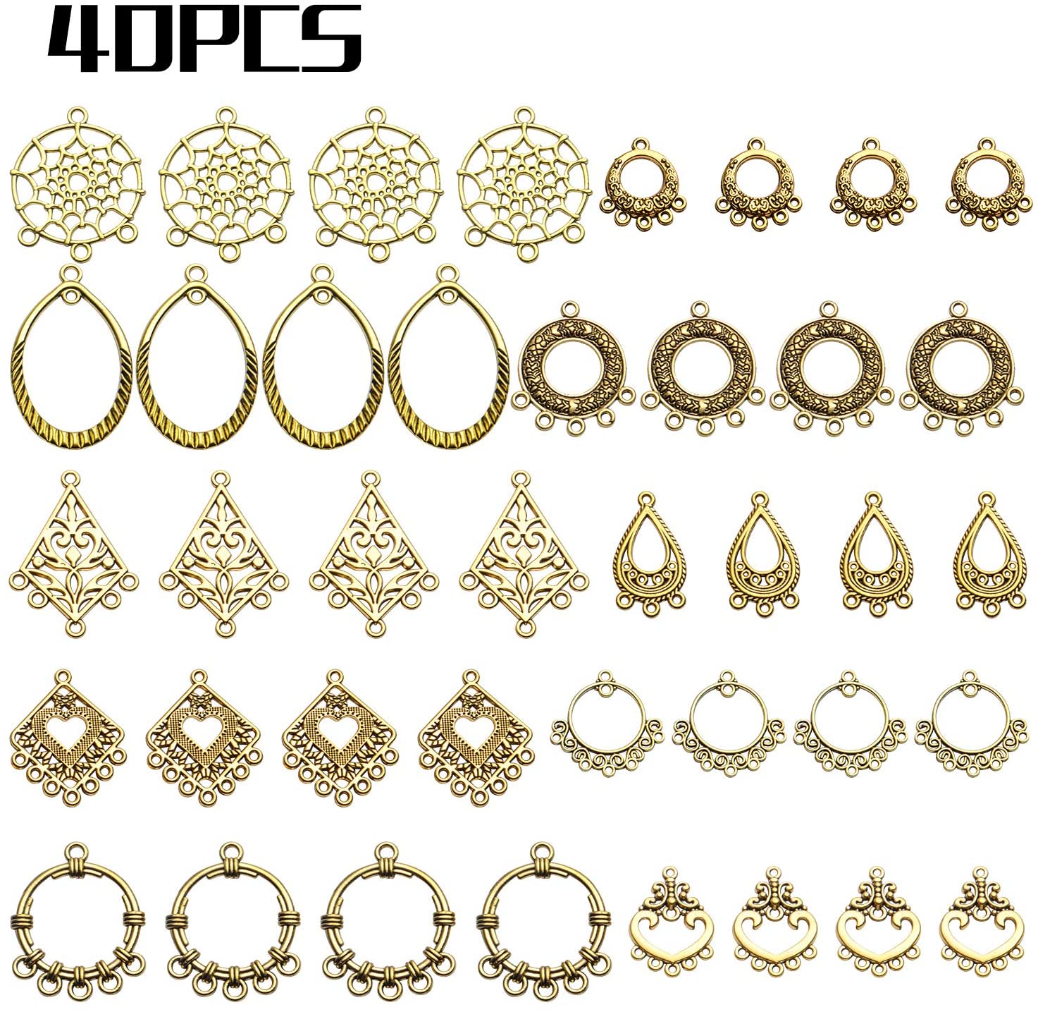 40Pcs Antieke Golden Earring Charm Connectors Tibetaanse Bohemian Kroonluchter Metalen Versiering Voor Diy Earring Supplies,10 Stijlen