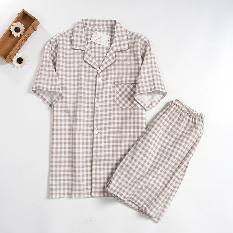 Kortermet sommer bomullsgarn #39 menn natttøy rutete turn-down krage menn pysjamassett pluss størrelse pyjamas pyjamas sovedresser: Brun / L