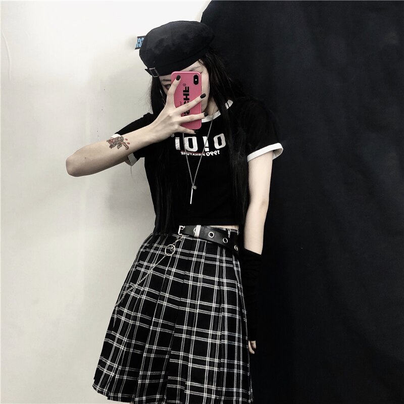 Dark Sweet Cool Girl-Falda plisada de cintura alta para mujer, falda escocesa con cadena, japonesa, coreana, verano,