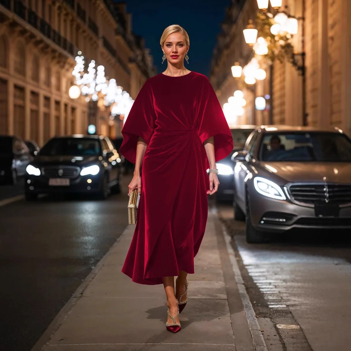 Velvet Waist-Cinching Dress with Batwing Sleeves And round Neck for Women Fashionable And Stylish Long Ankle-Length Gown
