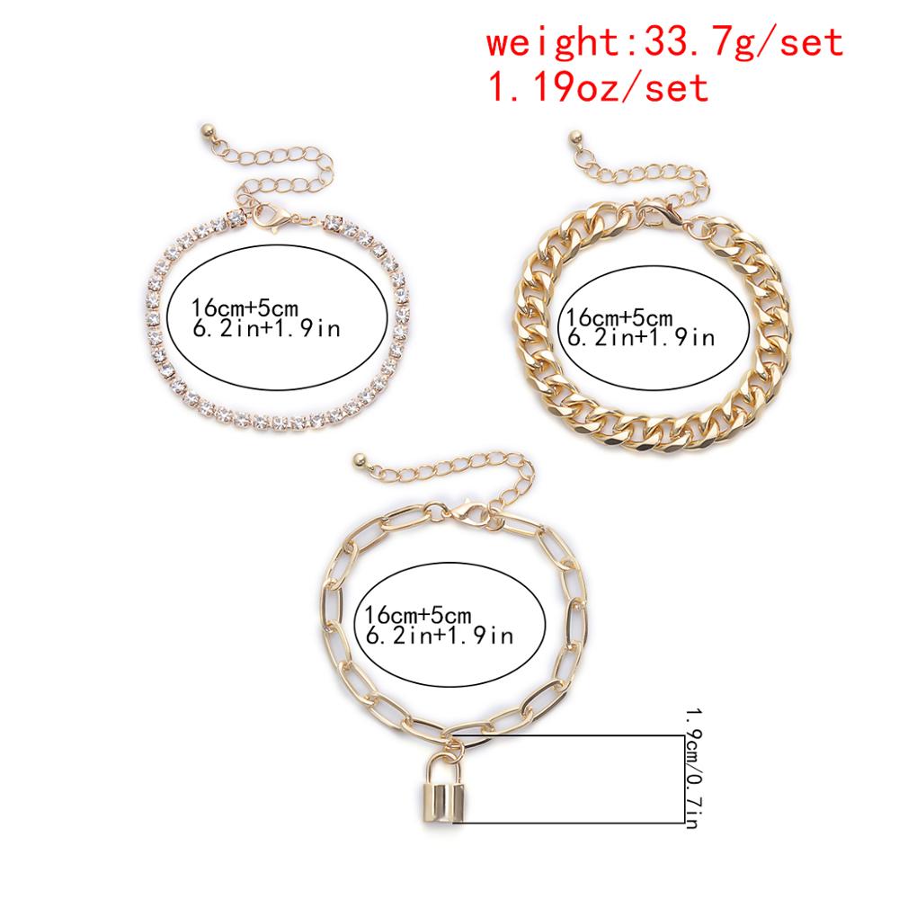 Purui Gothic 3Pcs/Set Crystal Lock Pedant Bracelets Set for Women Boho Luxury Buling Rhinestone Chain Bracelets Bangles Jewelry