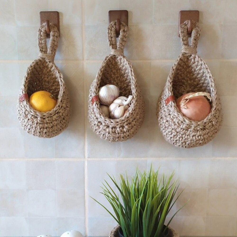Parede pendurado cesta de legumes e frutas natural vime tecido cesta de frutas mesa de cozinha cesta de armazenamento de suspensão de parede prateleira seca