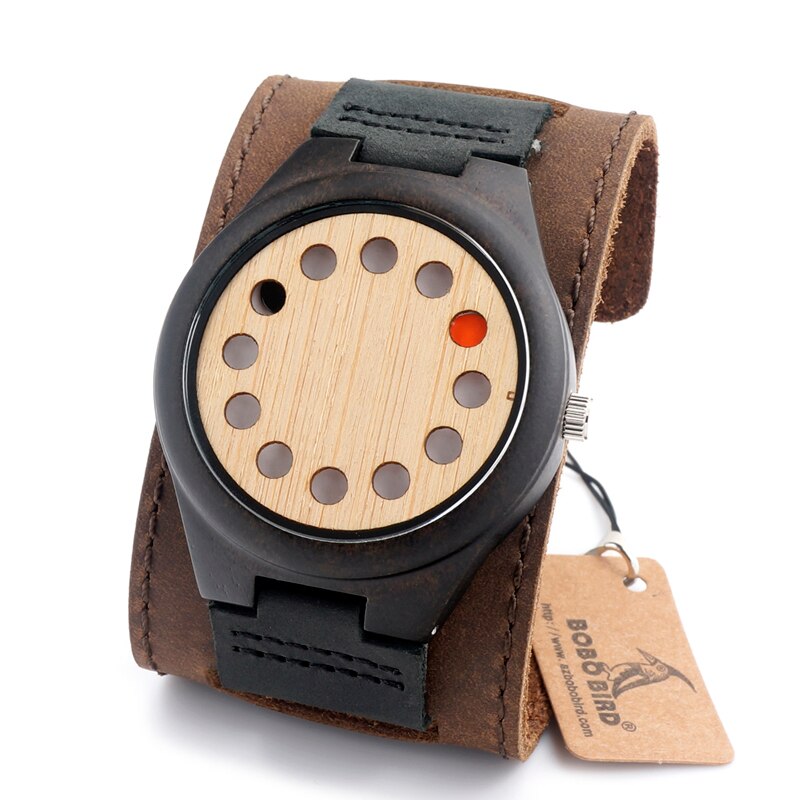 BOBO VOGEL Milieuvriendelijke Houten Horloge Heren Top Luxe Unieke Gaten Lederen Quartz Horloge met Lederen Band