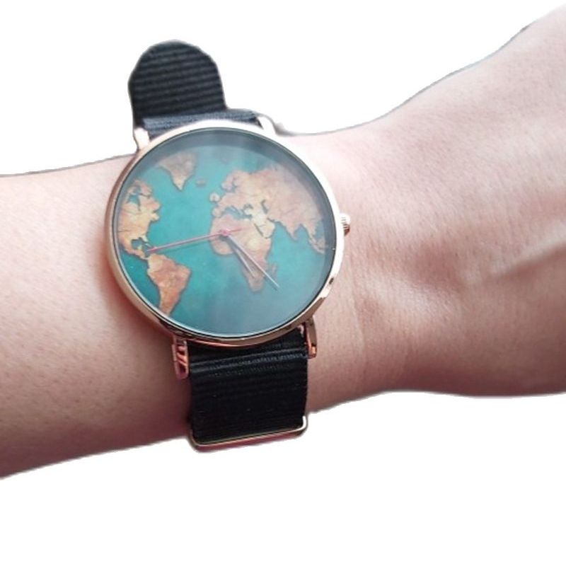 World Map Watch Travel Black Canvas Band Minimalist Women Quartz Wristwatches Movement