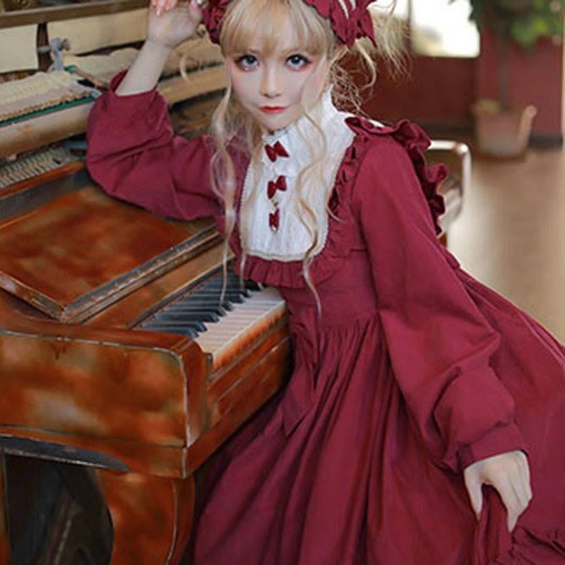 Goottilainen vintage makea lolita mekko palatsi pitsi bowknot vyöttää ohut viktoriaaninen mekko kawaii tyttö gootti lolita op loli cos
