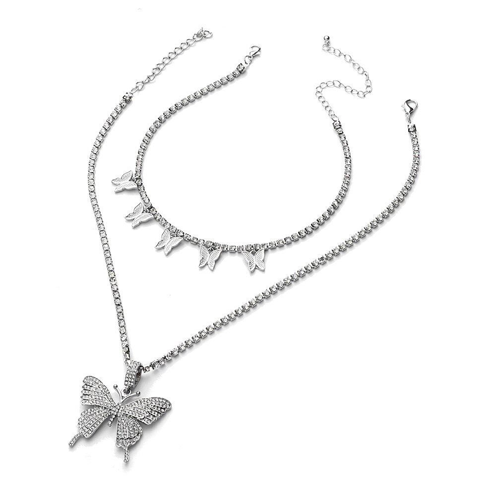 Layered Butterfly Necklace Chain Set Luxury Rhinestones Choker Women Jewellery Pendant Statement Jewelry Bulk