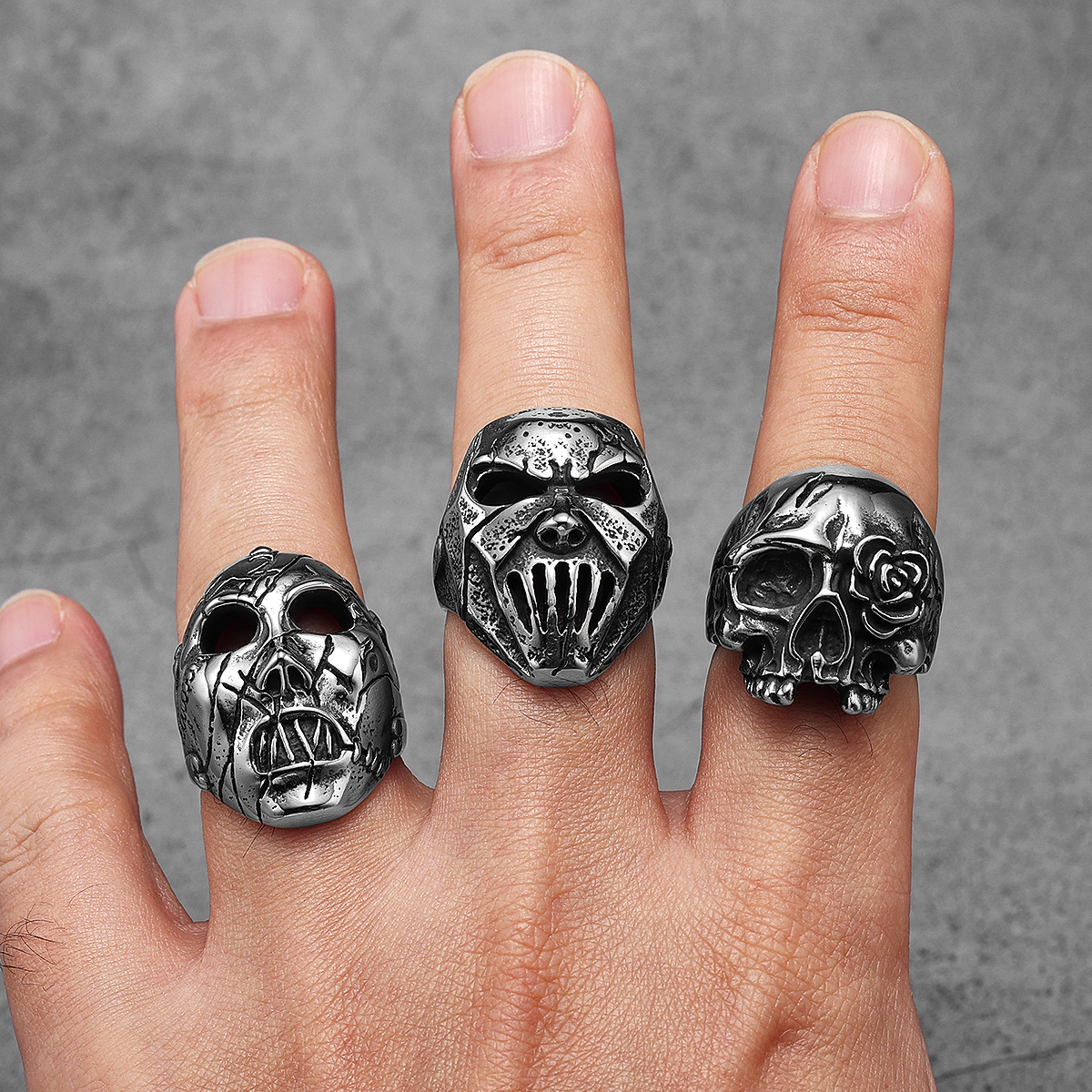 Rock Star masque crâne en acier inoxydable hommes anneaux Punk pour hommes femmes bijoux