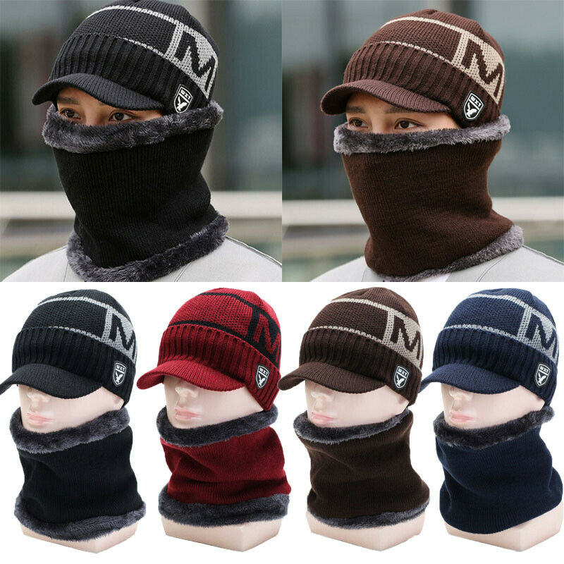 Brand Men Warm Winter Hat Knit Visor Beanie Fleece Lined Billed Beanie with Brim Cap