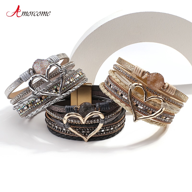 Amorcome-pulsera de cuero trenzado para mujer, brazalete con varias capas de piedras de resina, corazón hueco,