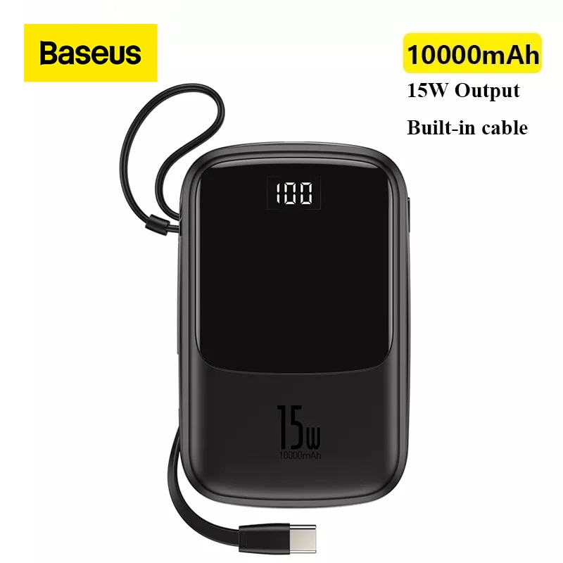 Baseus power bank 10000mah embutido tipo c cabo 3a 15w powerbank carregador de telefone display digital poverbank mini carregador portátil