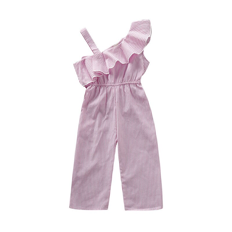 Estate Una Spalla Ruffles Tute E Tute Da Palestra Per Cute Baby Ragazze Casual Infantile Del Bambino Del Bambino A Strisce Pantaloni Lunghi Tute E Salopette del Bambino Del Cotone Del Pagliaccetto