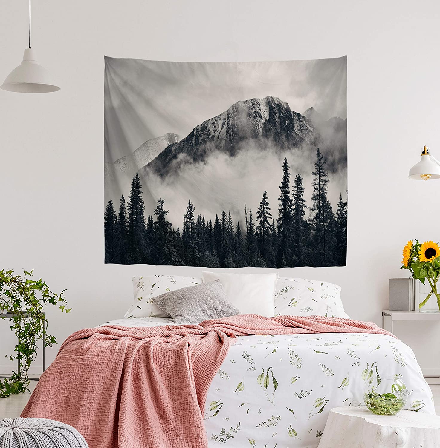 Nature noir blanc forêt brouillard montagnes tapisserie tenture murale mystérieux arbre décor à la maison pour salon chambre dortoir