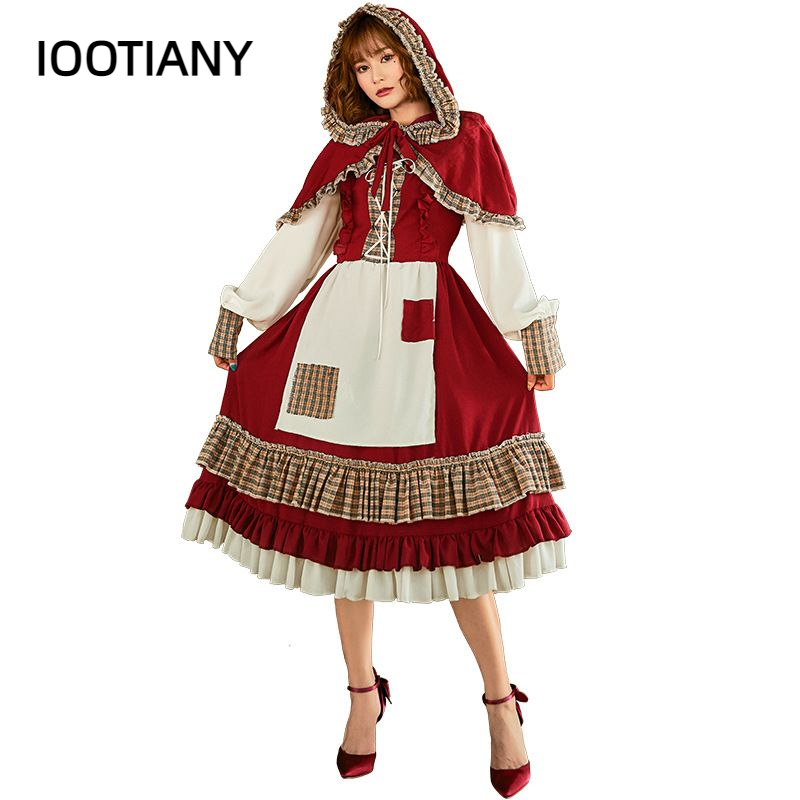 IOOTIANY Lace Patch Lolita Little Red Riding Hood Long Dress Cosplay Costume Suit With Cape for Girls Woman Party Costumes 2024