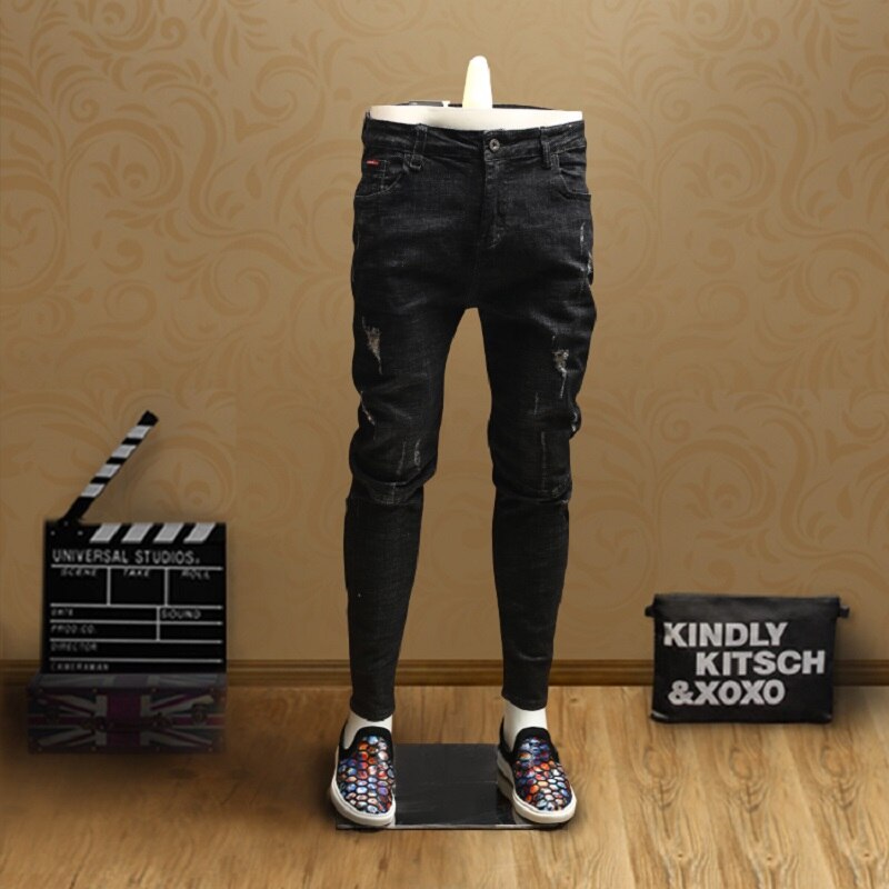 Men Jeans Ripped Slim Fit Black Stretch Pencil Pants for Cowboys Clothing PSMJ69