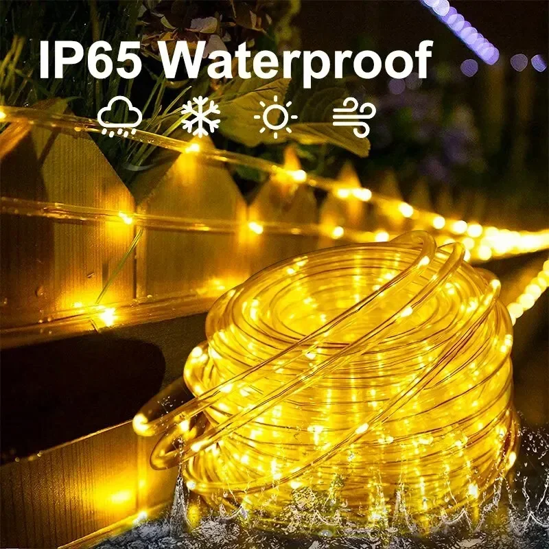 Guirnaldas de luces solares 50/100/200/300 luces LED de cadena guirnalda de cuerda de tubo para exteriores 8 modos techo jardín festivo decoración de en casa