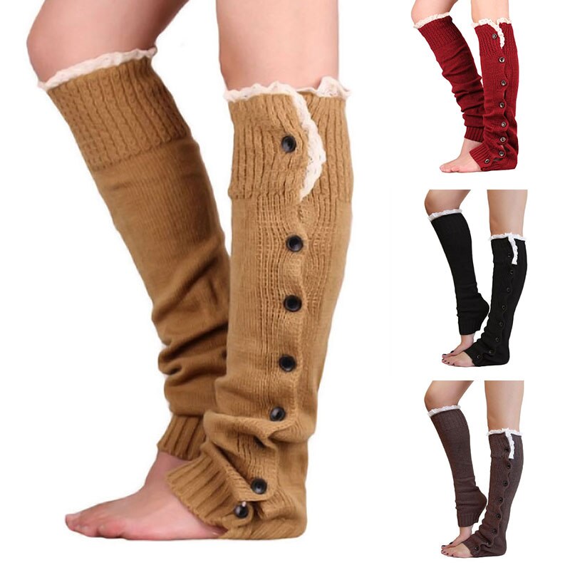 Polaina de malha com botão de renda, meia-calça feminina de outono e inverno, cobertura de bota macia clássica