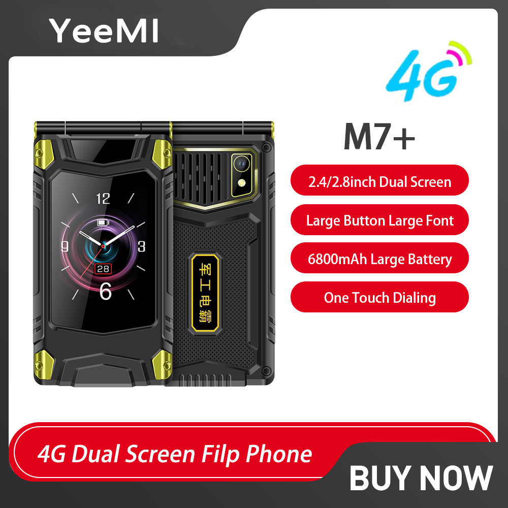 Yeemi  m7+ 4g robustes Merkmal-Telefon mit großen tasten, vollband-klapphandy, Dual-sim, Dual-Bildschirm und 6800 -mah-akku – Ideal für ältere menschen