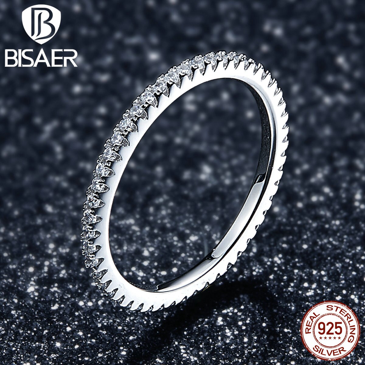 Genuine 925 Sterling Silver Simple Clearly CZ Round Circle Stackable Finger Rings for Women Engagement Ring Jewelry