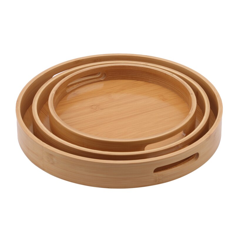 Bandeja redonda de madera de bambú para servir, accesorio para el hogar, bandejas para cena, barra de té, desayuno, contenedor de comida, bandeja de almacenamiento con asa