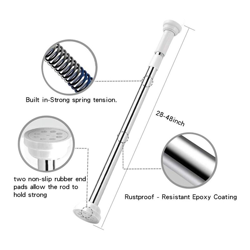 Tension Rod 28 to 48 Inches - Stainless Steel 1 Inch Round Shower Tension Rods Tension Curtain Rod Spring Tension Rods Adjustabl