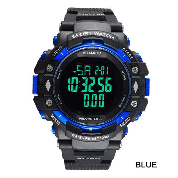 100m waterdichte heren sporthorloges, merk boamigo, stappenteller, calorieën, led, digitale horloges, zwemhorloges, herenhorloge: Blauw