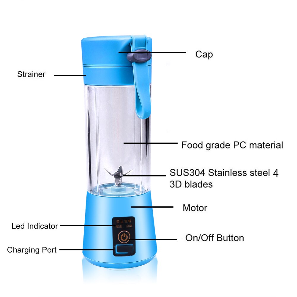 6 Blades Portable Blender Electric Blender USB Rechargeable Juicer Cup Mix Extractor Fruit Smoothie Maker Cup Bottle and Cover