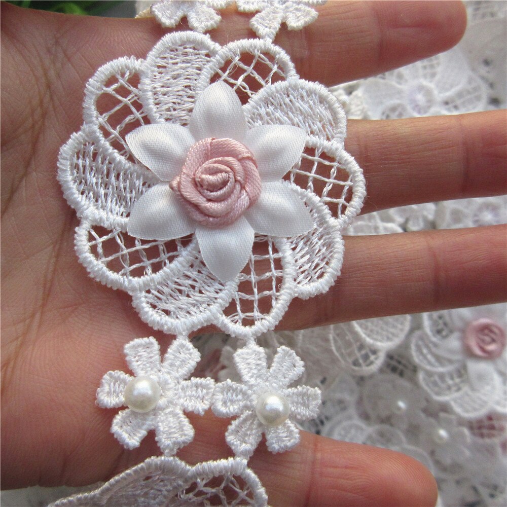 10X5Cm 3D Parel Roze Bloemen Geborduurde Kant Trim Lint Patches Applique Stof Diy Trouwjurk Naaibenodigdheden craft
