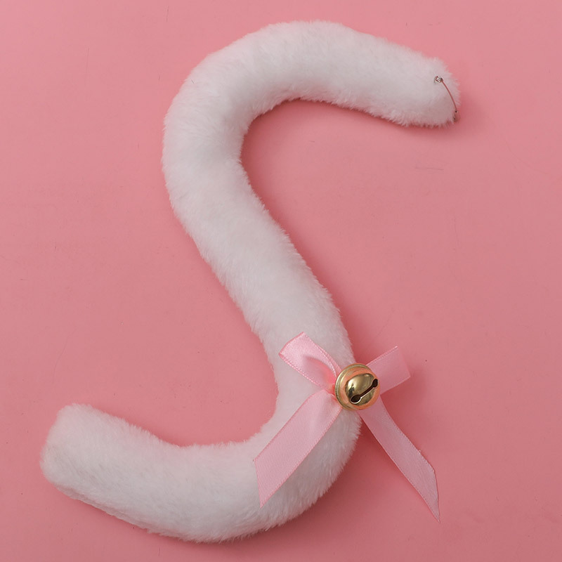 Plush Long Cat Tail with Ribbon Bowknot Bell Plush Furry Cat Ears Headwear White Lace Women Girls Party Cosplay