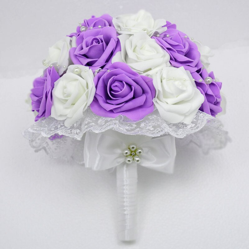 Piękne sztuczne czerwone kwiaty ślubne bukiety ślubne perły kwiat bukiet róż: FIOLETOWY