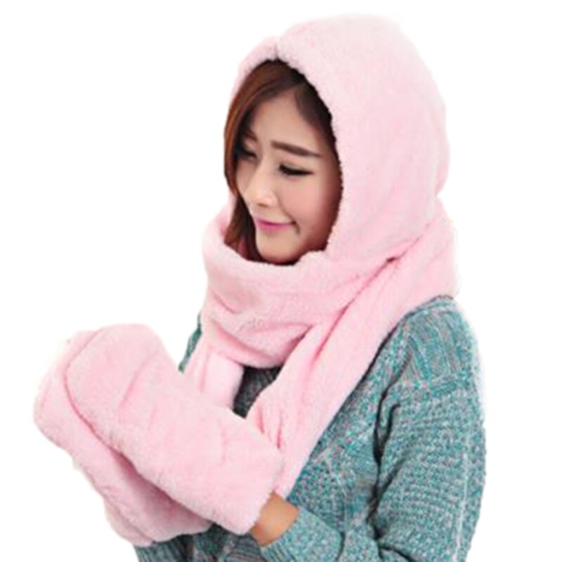 3 en 1 femmes hiver doux capuche écharpe Snood poche chapeaux gants à capuche Srarves écharpe chapeau gant 3 pièces ensembles: pink