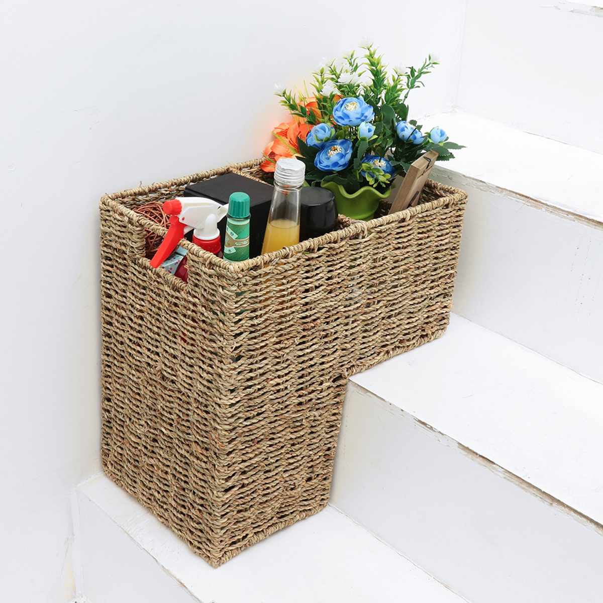 42*40cm Woven Wicker Stair Step Basket Organizer Stylish Cosmetic Box with Handle Container Storage Clothes Children Toys Home