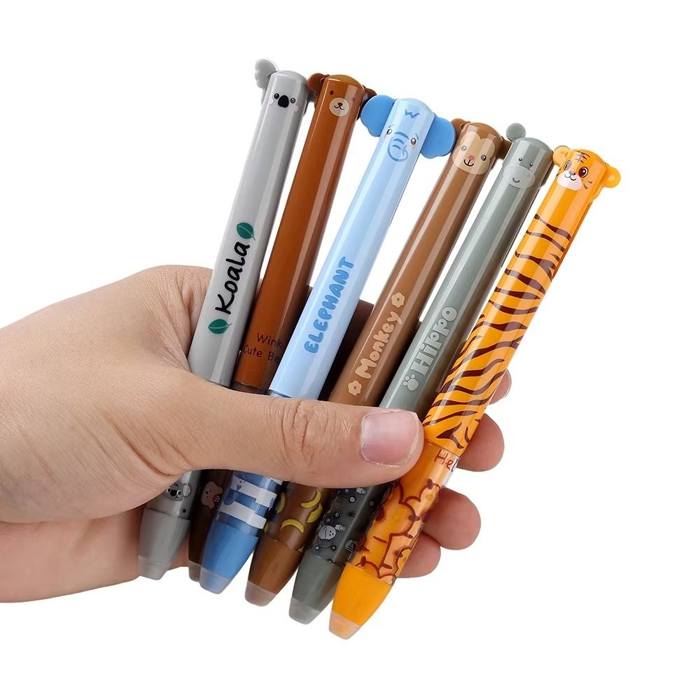 Cartoon Erasable Ballpoint Pen Animal Quick-drying Neutral Pen Double Ink Color Signature Pens Stationery