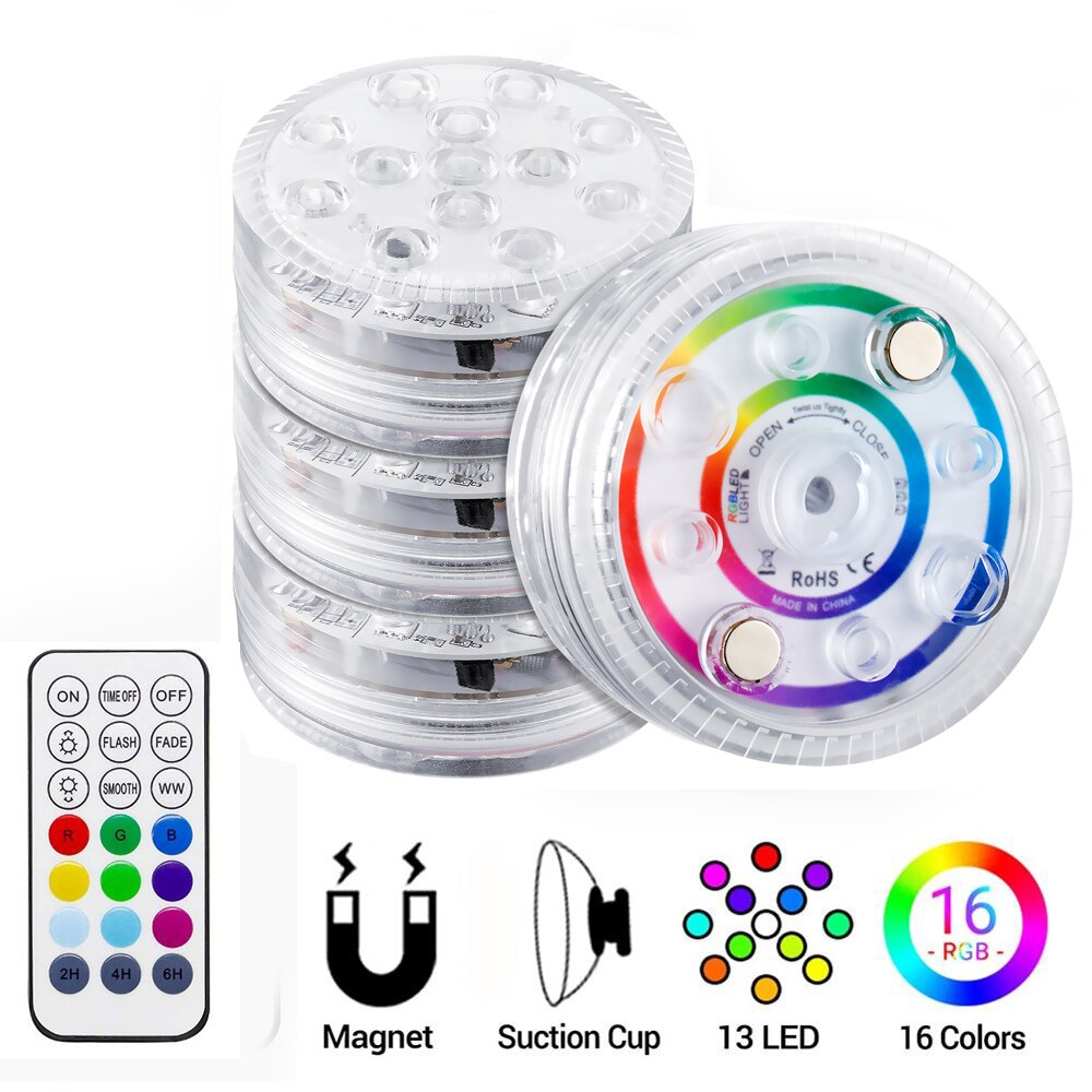 13 LED RVB Lumière Submersible Magnétique Ventouses RF Télécommande Sous-Marine Lampe De Nuit En Plein Air Piscine Vase Garden Party