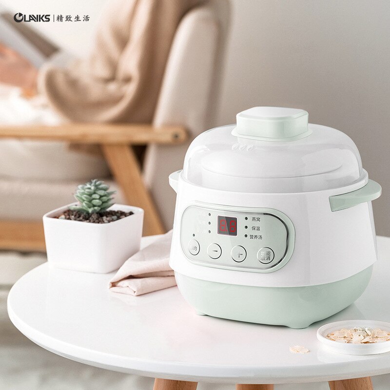 Slow cooker steamer porridge and soup Water Stew Pot 200W Smart Reservation+Timing Electric Cooker Stew 1L Household: Green Saucepan 220v / UK