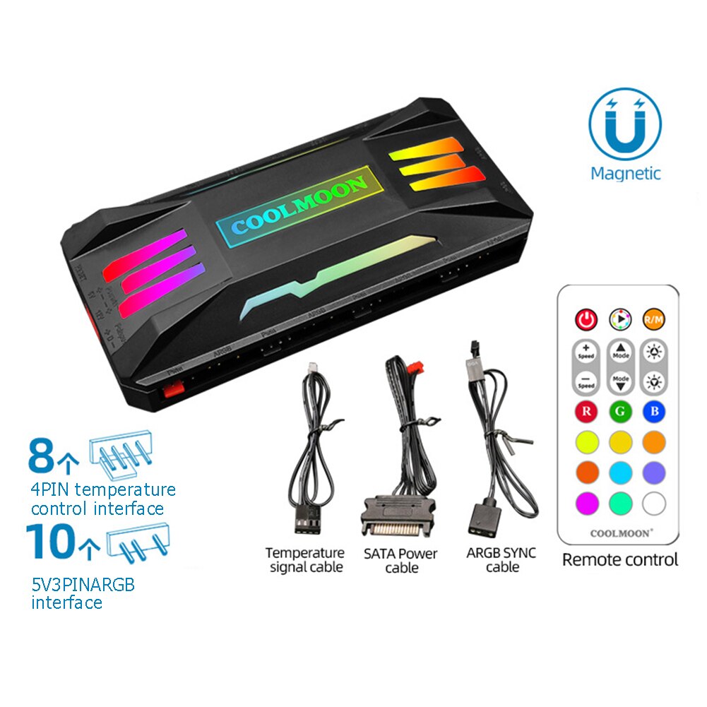 Coolmoon argb controller 4 pin pwm 5v 3 pin argb kylfläkt smart fjärrkontroll för dator pc väska chassi kylare: Stå svart