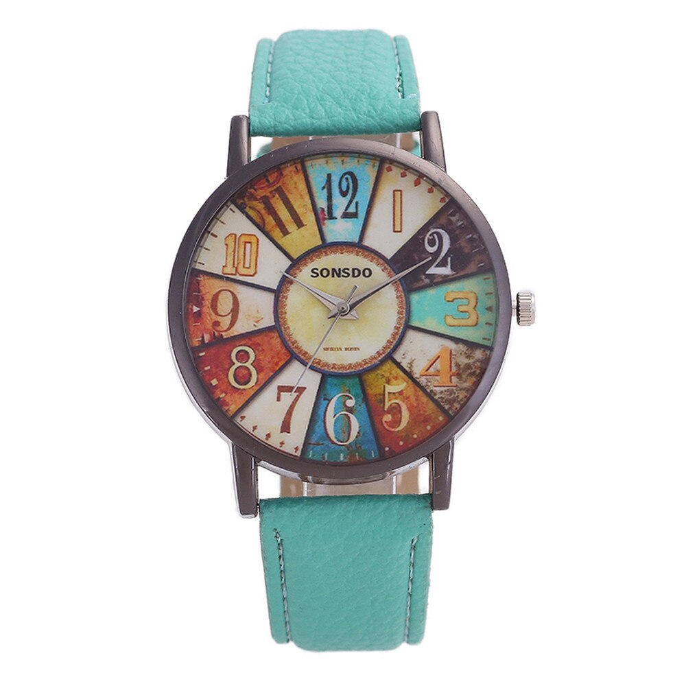 Reloj de cuarzo de estilo Retro para mujer, cronógrafo analógico de cuero de imitación con estampado de grafiti informal: Verde