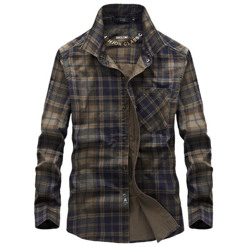 Märke casual fleeceskjortor män vinter flanell tjocka varma rutiga skjortor bomull långärmade affärsskjortor chemise homme: Armégrön tunn / L