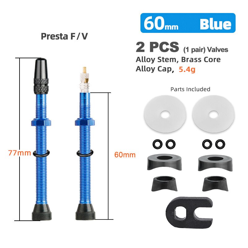 Deemount 2PCS Bicycle Tubeless Tire Presta Valve Brass Core Optional Brass Alloy Stem 40/60/80/100/120mm W/ Alloy Cap &amp; Tool: 60mm Alloy Blue B