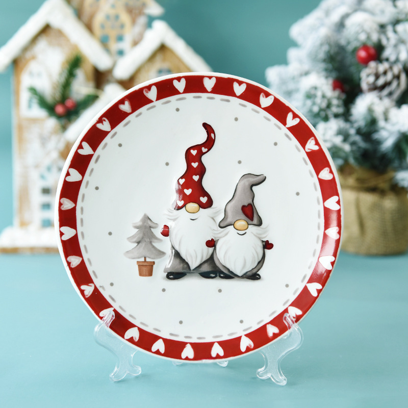 Round Christmas Plate Ceramic Embossed Shallow Plate Household Tableware Plates and Plates Decoration Set Plate
