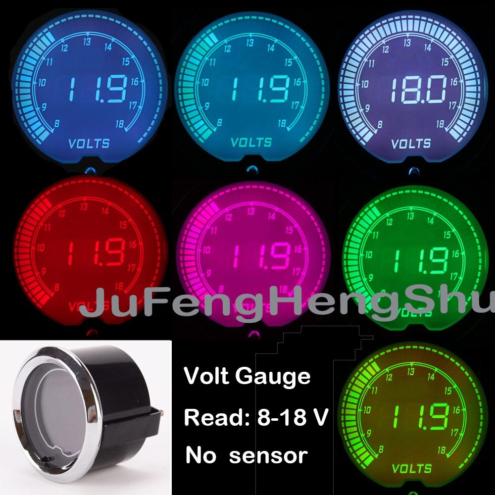 52mm Car Gauge 12V Oil Temperature Water Temp Turbo Boost Volt fuel Pressure Auto Gauges 7 Color Light Digital Meter + Sensor: Volt gauge